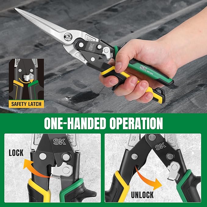 SK 11.5 Inch Aviation Tin Snips, Straight Cut, Cr-Mo Steel Blade, Anti-slip Handle and Safety Latch, for Cutting Sheet Metal