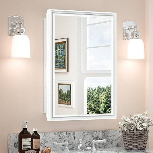 TETOTE Medicine Cabinet Mirror for Bathroom White Framed 17x25 Inch Aluminum Framed Surface or Recessed Wall-Mounted Medicine Cabinets Beveled Mirror with Storage 1 Door Modern Farmhouse