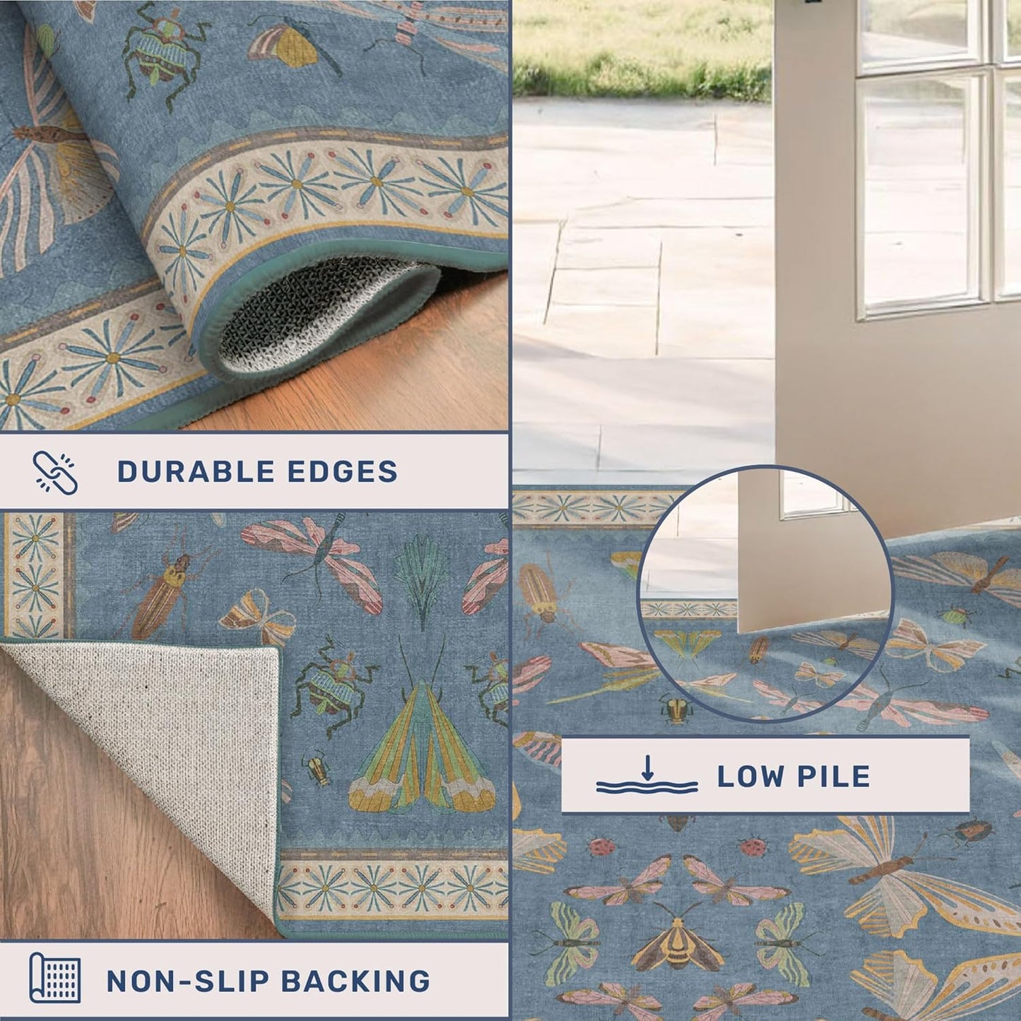 Insect Light Blue Rug for Living Room - 9x12 Cute Rugs for Bedroom, Moth Floral Boho Design, Low Pile Stain Resistant Washable, Perfect for High Traffic Area