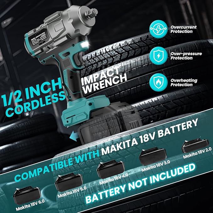 Cordless Impact Wrench 1/2 inch for Makita 18V Battery, Impact Wrench 950Ft-lbs High Torque Brushless Electric Impact Gun, Power Impact Driver with 3-Mode Speed, LED Work Light(no battery)