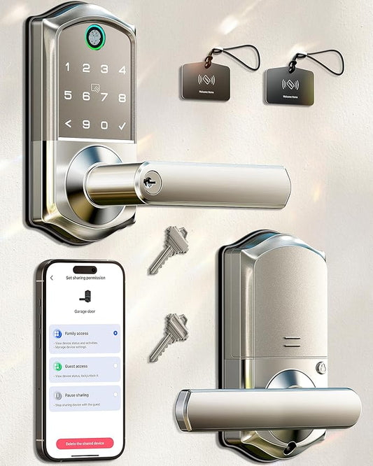 Veise VE019 Fingerprint Smart Lever Lock - APP Control, Keypad Door Lock with Handle, Keyless Entry for Front Door and Bedroom, Electronic Digital Knob, Remote Grant, IP55 Weatherproof, Satin Nickel