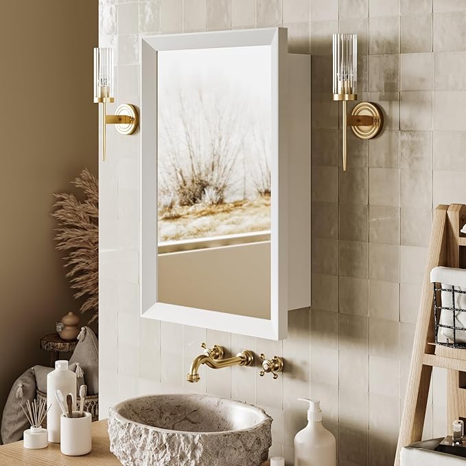 Retro-Style Medicine Cabinet with 17’’x27’’ Solid Wood Mirror Frame, Bathroom Recessed Wall Cabinet, Living Room Wood Storage Cabinet, White