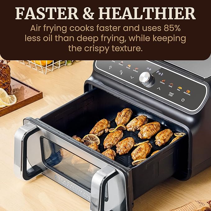 Elite Gourmet EAF2411G Digital Indoor Grill/Air Fryer Oven, 11L Capacity, Grill Rack, 8 Presets, Bake, Roast, Broil, Dehydrate, 1700-Watts, 25 Delicious Recipes, Stainless-Steel/Black