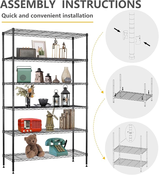 BestOffice | 6-Tier Wire Storage Shelves | 42x16x72 | Black | with Adjustable Racks | Heavy-Duty Metal Shelf, Holds Upto 1500 lbs | No-Tool Assembly | Ideal for Home & Garage Shelving