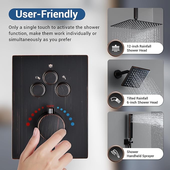 Oil Rubbed Bronze Thermostatic Shower System with Ceiling 12 Inch Rainfall Shower & Wall Mount 6-Inch High Pressure Shower Head, Dual Shower Heads Set with Handheld Sprayer, Shower Faucet