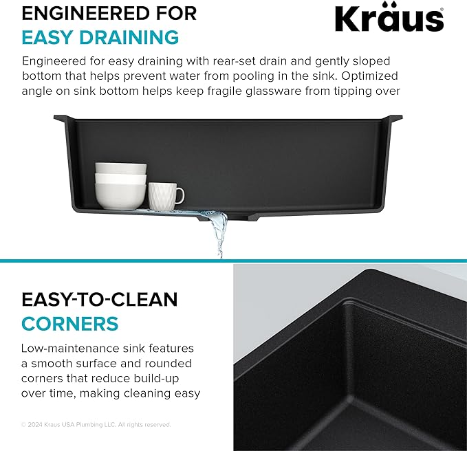 KRAUS Quarza 31-inch Drop-In/Undermount Single Bowl Granite Kitchen Sink in Black Onyx, KGD-412B