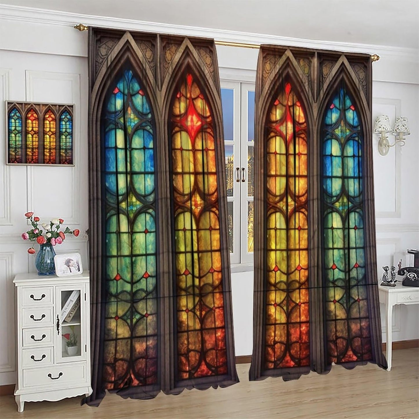 Stained Glass Curtains,Mid Century Vintage Style Abstract Art Home Decor Drapes for Bedroom Living Room Kitchen Window Treatment 2 Panels Set Total Size 72" W X 63" L Inch