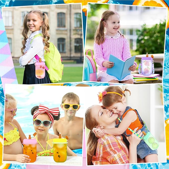 Patelai 8 Pcs Cute Water Bottles with Straw Kawaii Watermelon Ice Cream Cups Leak Proof Drinking Bottles with Adjustable Shoulder Strap for Sports Travel Camping(Cute Style)