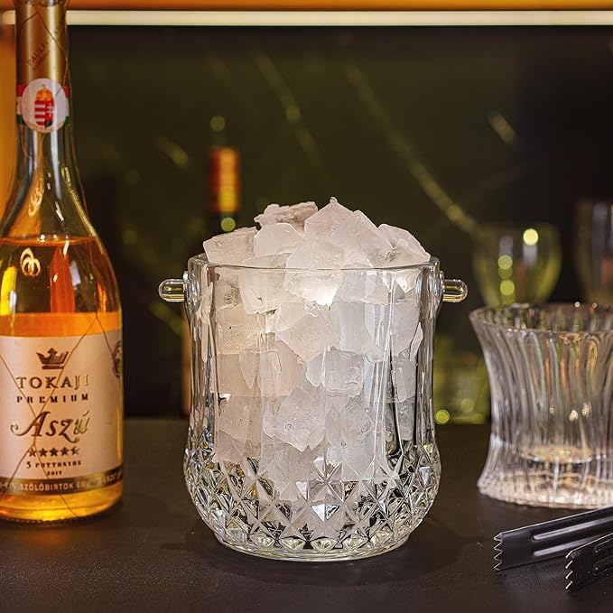 Glass Ice Bucket with Handle and Ice Tong Clear Crystal Ice Buckets for Cocktail Bar Wine Home Bar Accessories Parties Clear Champagne Bucket