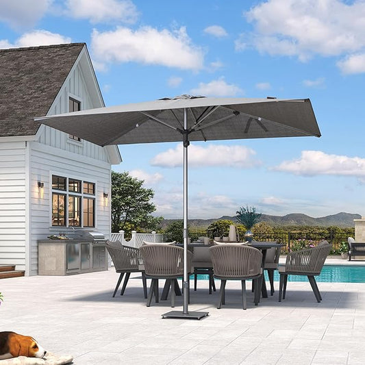 PURPLE LEAF 6 X 10 FT Semi-Auto Outdoor Patio Umbrella Market Table Sun Umbrellas with 6 Aluminum Sturdy Ribs for Backyard Deck Garden Pool (Silver Pole Gray Canopy)