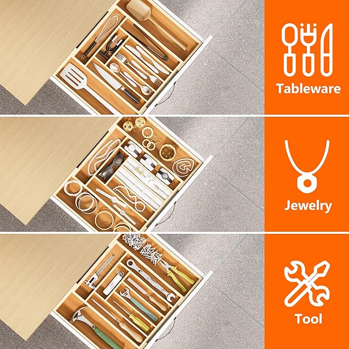 Expandable and Adjustable Bamboo Drawer Organizer Tray - Cutlery Drawer Organizer for Kitchen Utensils, Silverware Organizer with Dividers, 7-9 Slots with Curved Grooves (Natural)