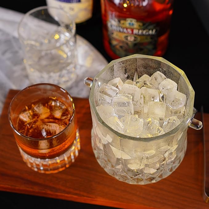 Glass Ice Bucket with Handle and Ice Tong Clear Crystal Ice Buckets for Cocktail Bar Wine Home Bar Accessories Parties Clear Champagne Bucket