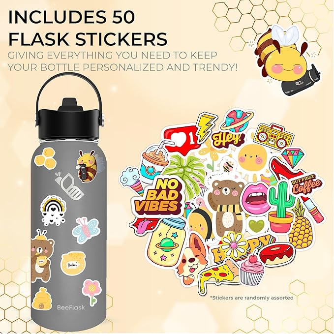 Sports Water Bottle - 32 Oz, 3 Lids (With straw), 50 Cute Stickers, Vacuum Insulated, 308 Stainless Steel, with a Portion of Sales Supporting Bee Conservation Efforts (Gray)