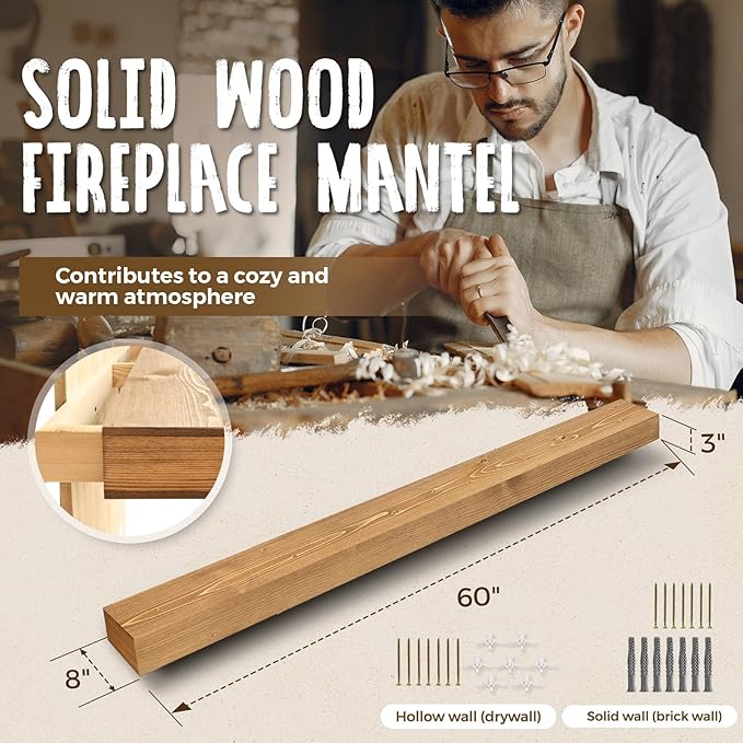 60x8x3 Fireplace Mantel - Handcrafted Hollow Rustic Solid Wood Wall Mounted Floating Shelf with Invisible Heavy Duty Wood Bracket (Natural Wood)