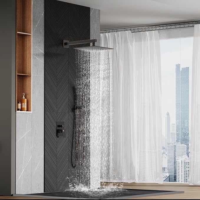 SR SUN RISE Oil Rubbed Bronze Shower System 12 Inches Brass Bathroom Luxury Rain Mixer Shower Combo Set Wall Mounted Rainfall Shower Head System Shower Faucet Rough-in Valve Body and Trim Included