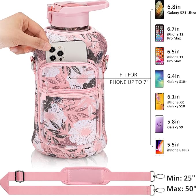 Fimibuke Half Gallon Water Bottle with Sleeve 64 OZ Water Bottle with Handle & Straw Leakproof Motivational Sports Gym Water Bottle with Time Marker BPA Free Water Jug with Reusable Neoprene Holder