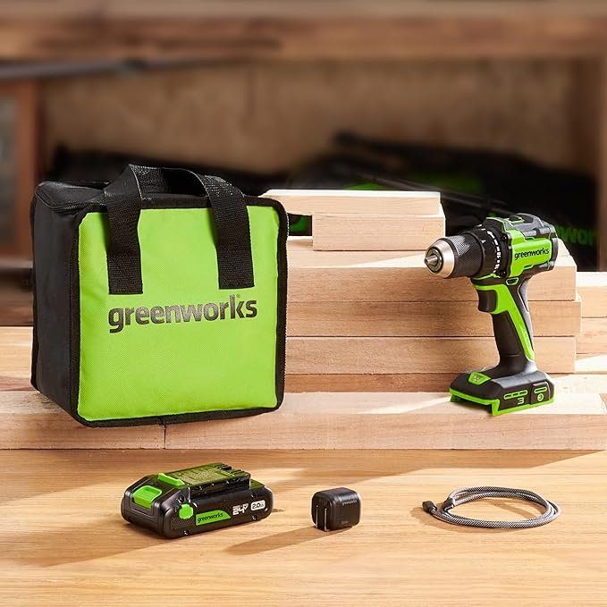 Greenworks 24V Cordless Brushless 400 in-lbs Drill/Driver, Lightweight, LED Work Light,18+1 Clutch, 2.0Ah USB-C Battery (12,000mAh Power Bank),30W USB-C Charger and USB C to USB C Cable(3.3FT)