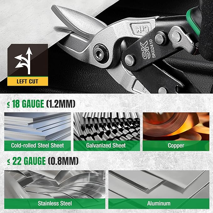 SK 10 Inch Aviation Tin Snips, Left Cut, Cr-Mo Steel Blade, Anti-slip Handle and Safety Latch, for Cutting Sheet Metal