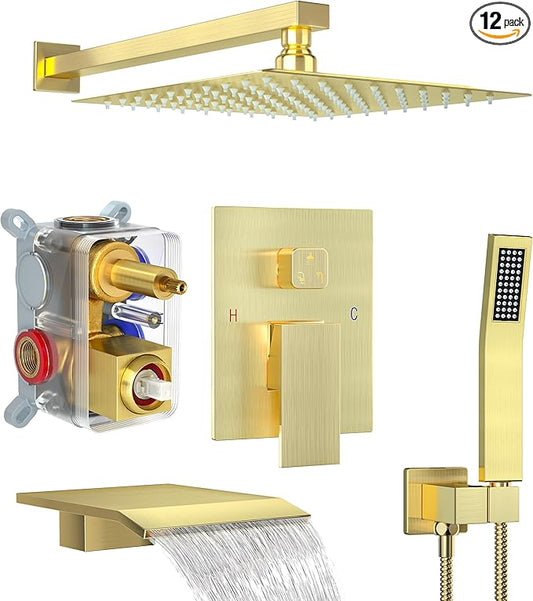 Shower System with Tub Spout, Shower Faucet Set with 10 Inch Rain Showerhead Handheld Shower Tub Spout, Wall Mounted High-Pressure Showerhead Combo Set Included Valve and Trim, Brushed Gold