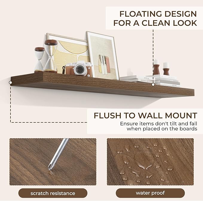 RICHFOCUS 55Inch Floating Shelves for Wall 2 Pack Shelves for Bedroom|Kitchen|Bathroom Wall Mounted Rustic Wood Floating Shelf with Invisible Brackets for Books|Storage|Decor, Walnut