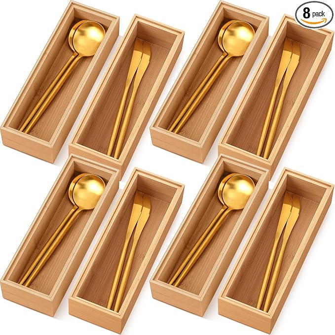 Kigley 8 Pieces Bamboo Drawer Organizer Kitchen Utensils Wooden Utensil Stackable Wooden Storage Box Bamboo Silverware Tray for Drawer(9 x 3 x 2 Inch,Wood)