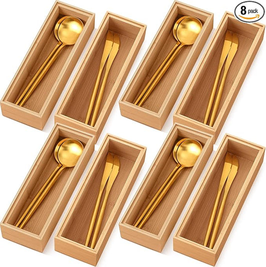 Kigley 8 Pieces Bamboo Drawer Organizer Kitchen Utensils Wooden Utensil Stackable Wooden Storage Box Bamboo Silverware Tray for Drawer(9 x 3 x 2 Inch,Wood)