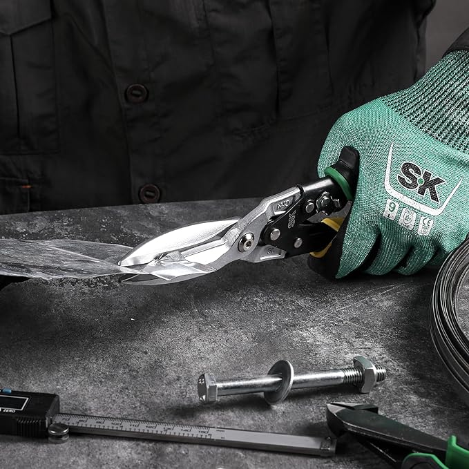 SK 11.5 Inch Aviation Tin Snips, Straight Cut, Cr-Mo Steel Blade, Anti-slip Handle and Safety Latch, for Cutting Sheet Metal