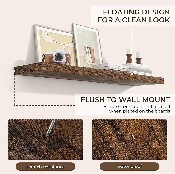 RICHFOCUS 48Inch Floating Shelves for Wall 2 Pack Shelves for Bedroom|Kitchen|Bathroom Wall Mounted Rustic Wood Floating Shelf with Invisible Brackets for Books|Storage|Decor, Rustic Brown