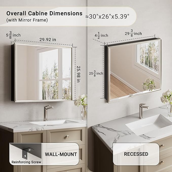 30''x 26'' Brushed Nickel Medicine Cabinet, Recessed or Surface Framed Medicine Cabinet with Beveled Mirror Pre-Assembled, Reversible Bathroom Storage Vanity Cabinet with Adjustable Shelves