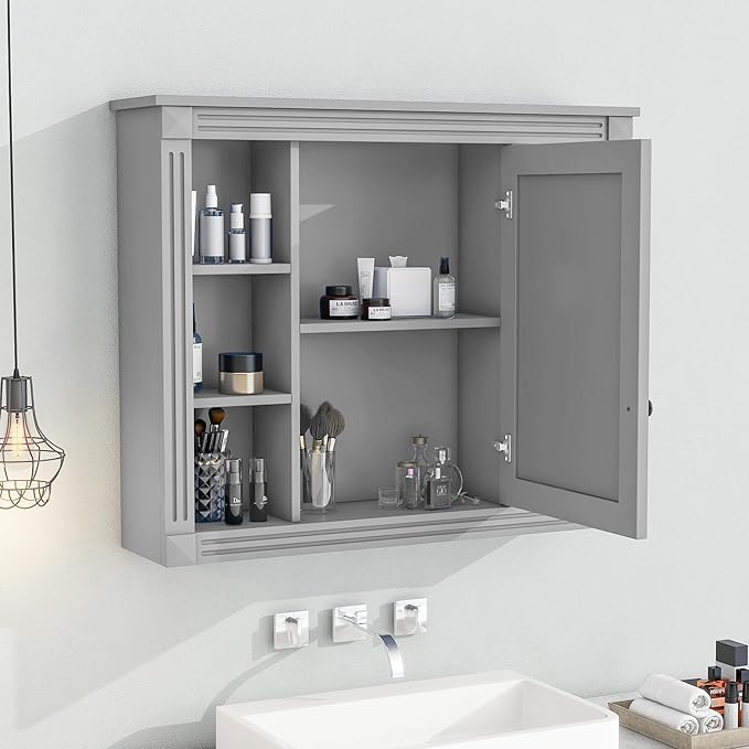 Merax Bathroom Medicine Cabinet with Mirror, Wall Mounted Over Toilet Storage Cabinet Organizer with Doors and Shelves for Bathroom Laundry Room (Mirror Cabinet Only, Gray)