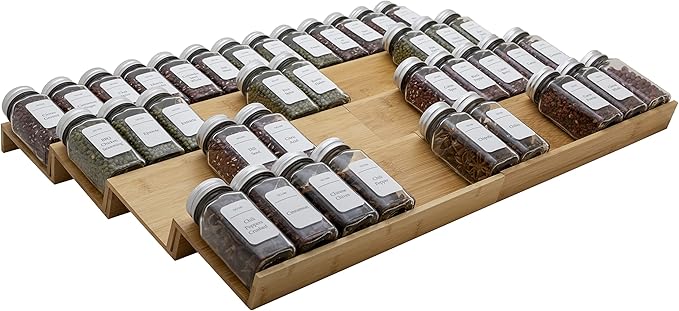 Bamboo Spice Rack Drawer Organizer - 8 Piece Set - 12" Wide, Combine Into 24" Rack (12" or 24")