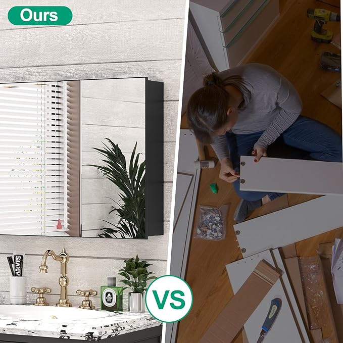 36 x 24 Farmhouse Medicine Cabinet, Tempered Frameless Bathroom Mirror with Storage, Black Recessed or Surface Mount Aluminum Medicine Cabinet for Bathroom Modern