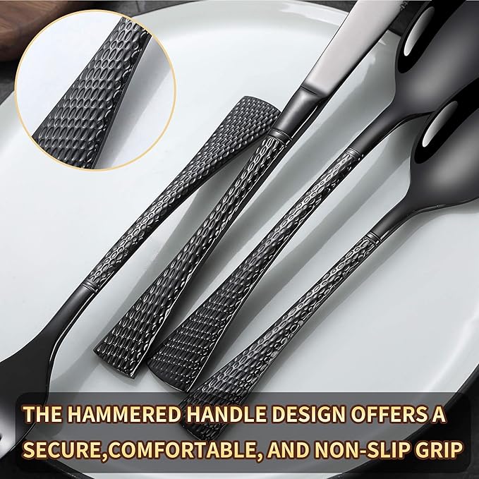 Hammered Black Silverware Set for 8,Stainless Steel 40-Piece Modern Cutlery Set,Mirror Polished Heavy Duty Flatware Set Utensil Set,Knives Spoons and Forks Set,Dishwasher Safe