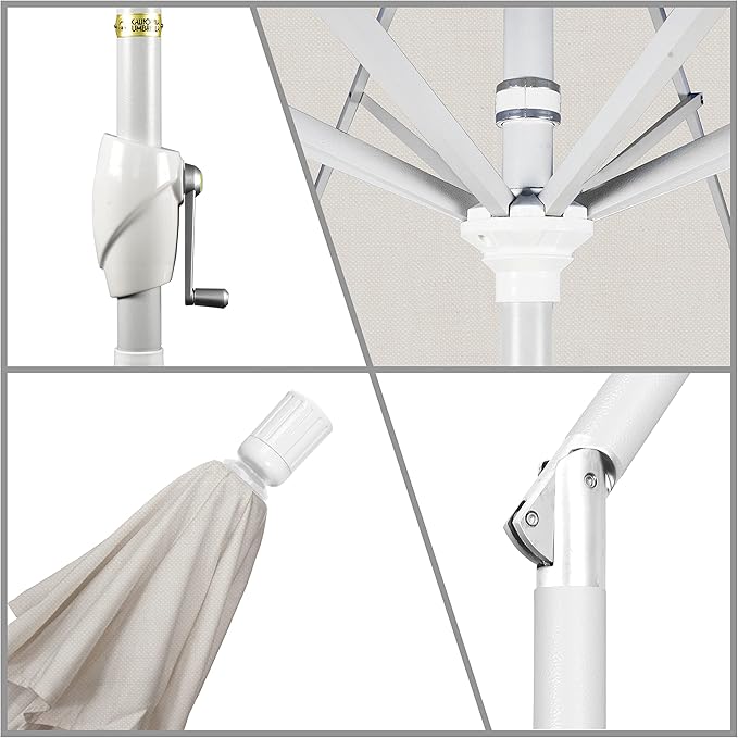 California Umbrella 7.5' Round Aluminum Market Umbrella, Crank Lift, Push Button Tilt, White Pole, Woven Granite Olefin