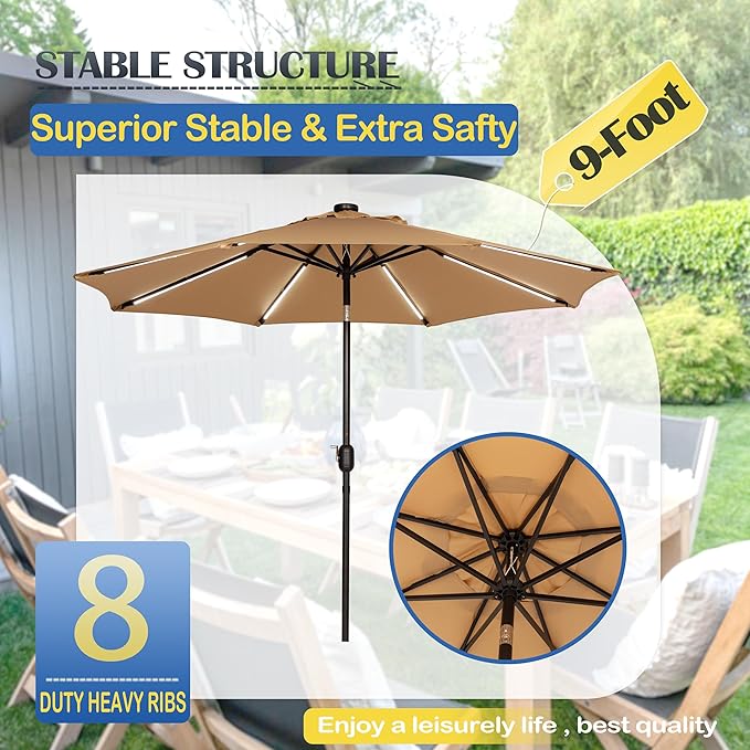 Sunnyglade 9FT Outdoor Solar LED Lighted Patio Umbrella with 8 LED Strip Lights & 8 Ribs, Convenient Crank Lift System