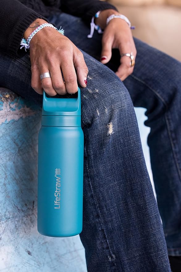 LifeStraw Go Series – Insulated Stainless Steel Water Filter Bottle for Travel and Everyday use removes Bacteria, parasites and microplastics, Improves Taste, 24oz Laguna Teal