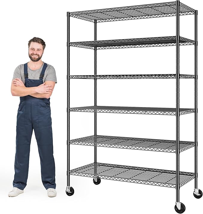 82" H X45 W X18 D Storage Shelves with Wheels, 6 Tier Wire Shelving Adjustable Metal Shelving Pantry Shelves Capacity 1200LBS for Garage Shelving, Pantry, Kitchen, Closet, Commercial, Black