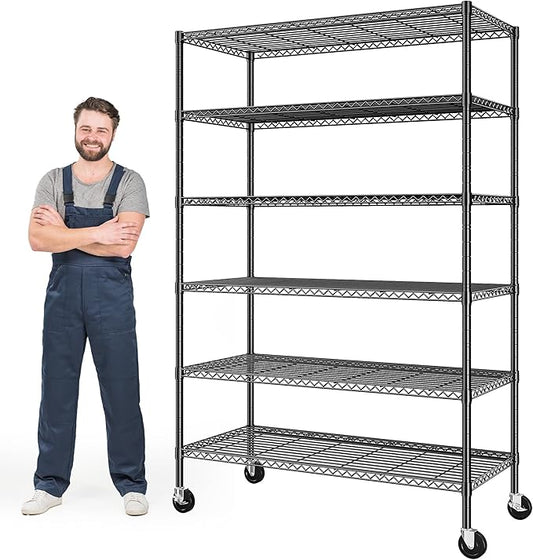82" H X45 W X18 D Storage Shelves with Wheels, 6 Tier Wire Shelving Adjustable Metal Shelving Pantry Shelves Capacity 1200LBS for Garage Shelving, Pantry, Kitchen, Closet, Commercial, Black