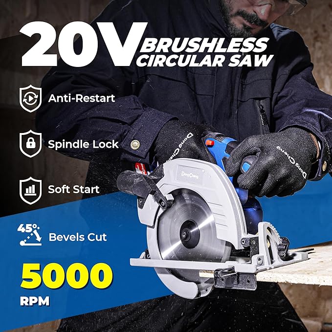 Dong Cheng Cordless Circular Saw 7-1/4-Inch 5,000 Rpm, Cutting Depth 65mm, 0-45° Adjustable, with Dust Collection Adaptor, 24T & 40T TCT Blade Included, Battery and Charger Kit (4.0Ah)