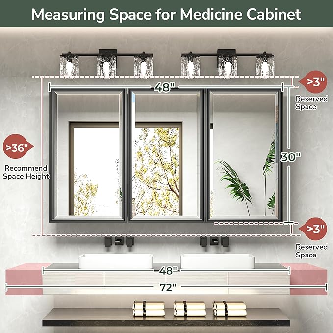 TokeShimi 48x30 Medicine Cabinet Mirror Bathroom Vanity Black Metal Framed Recessed or Surface Mounted Medicine Cabinet with Beveled Mirror with Storage Aluminum for Modern Farmhouse