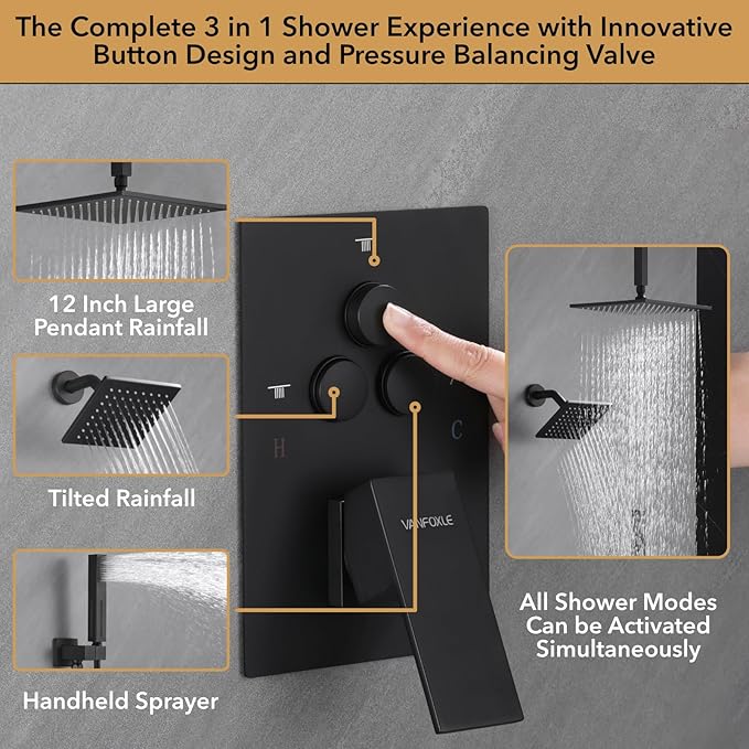VANFOXLE Shower Faucet Set Matte Black Shower System,Push Button Diverter Shower Faucet with 2 in 1 Handheld,Ceiling Mount Increased Thickness 12 Inch Shower Head with 6 Inch Wall Mount Shower Head