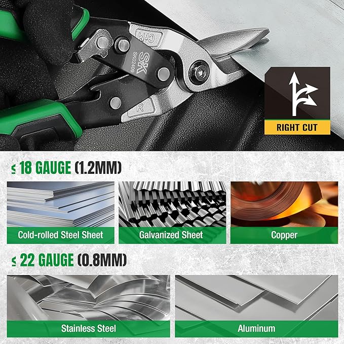 SK 10 Inch Aviation Tin Snips, Right Cut, Cr-Mo Steel Blade, Anti-slip Handle and Safety Latch, for Cutting Sheet Metal