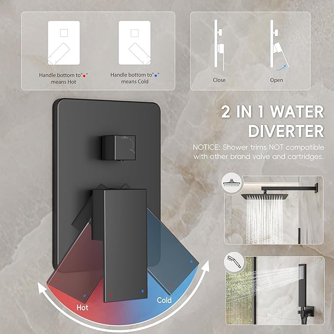 Alesco Shower Faucet Set, Black Shower System with 12-Inch High-Pressure Rainfall Showerheads and Handheld Spray combo, Showerfixture Include Valve and Trim Kit, Matte Black