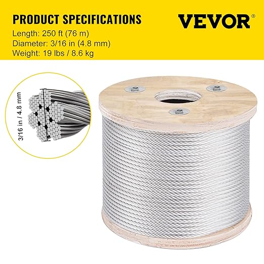 VEVOR 3/16 T304 Stainless Steel Cable 250FT, 3700 LBS Breaking Strength Cable Railing System Wire Rope Aircraft Deck Railing Kit Fence Wire