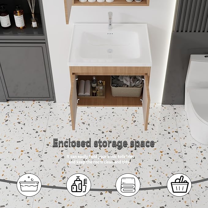 24'' Bathroom Vanity with Ceramic Sink Combo, Wall Mounted Small Bathroom Vanity with Soft-Close Door Modern Floating Cabinet, Pop-up Drain, P-Trap Included, Walnut(No Faucet)