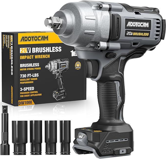 Cordless Impact Wrench, 1/2 inch Impact Gun for 20V Dewalt Battery, 730Ft-lbs(1000N.m) Brushless High Torque Power Impact Wrench with 3-Mode Speed, LED Work Light, Belt Clip (Battery Not Included)