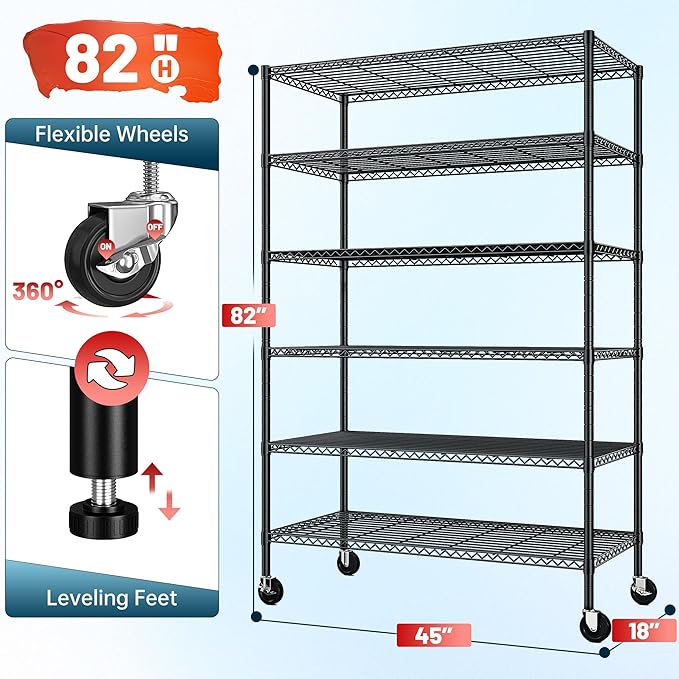 82" H X45 W X18 D Storage Shelves with Wheels, 6 Tier Wire Shelving Adjustable Metal Shelving Pantry Shelves Capacity 1200LBS for Garage Shelving, Pantry, Kitchen, Closet, Commercial, Black