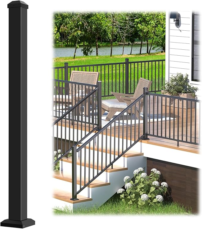 2.56 in. x 2.56 in. x 39 in. Porch and Deck Railing Post with Screws, Aluminum Railing Post, Black Textured Outdoor Powder-Coat Finish Stair Post for Decks, Porches & Balconies (1 Post)