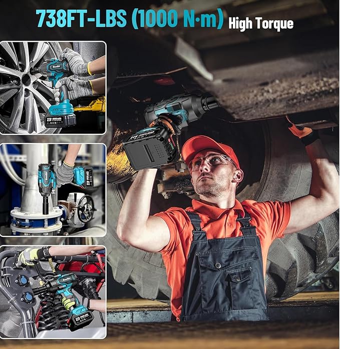 Seesii 1000N.m (738ft-lbs) Cordless Impact Wrench High Torque,1/2" Brushless Impact Gun w/Two 4.0Ah Battery,Fast Charger, 5 Sockets & Storage Case, Electric Impact Wrench for Car Truck,WH760
