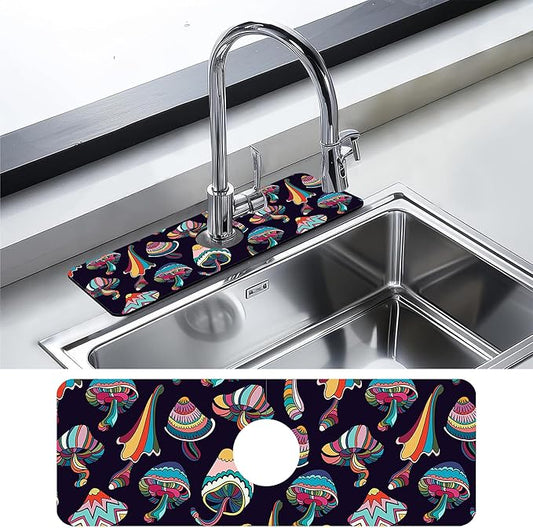 Kitchen Faucet Mat Magic Mushrooms Kitchen Sink Splash Guard Faucet Mat,1 PC Splash Guard Behind Faucet Drip Catcher for Kitchen,Sink Mat,Dish Drying Mat,Bathroom Faucet Mat 15.5""X5.5""